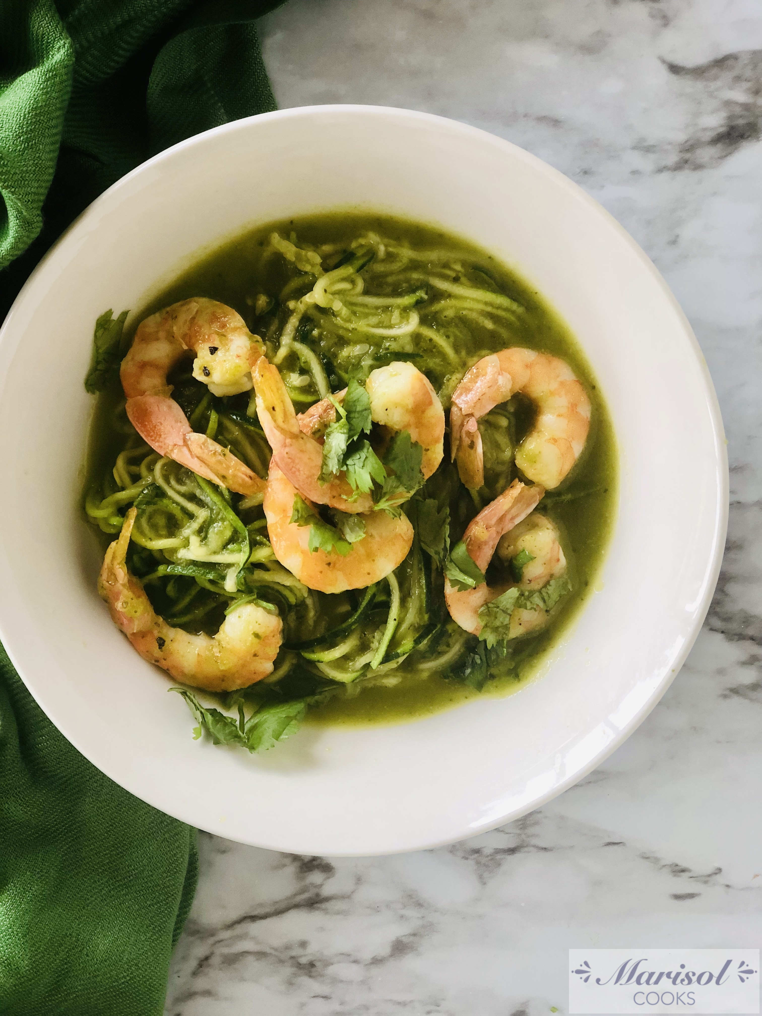 Zucchini noodles with Poblano sauce and Shrimp.